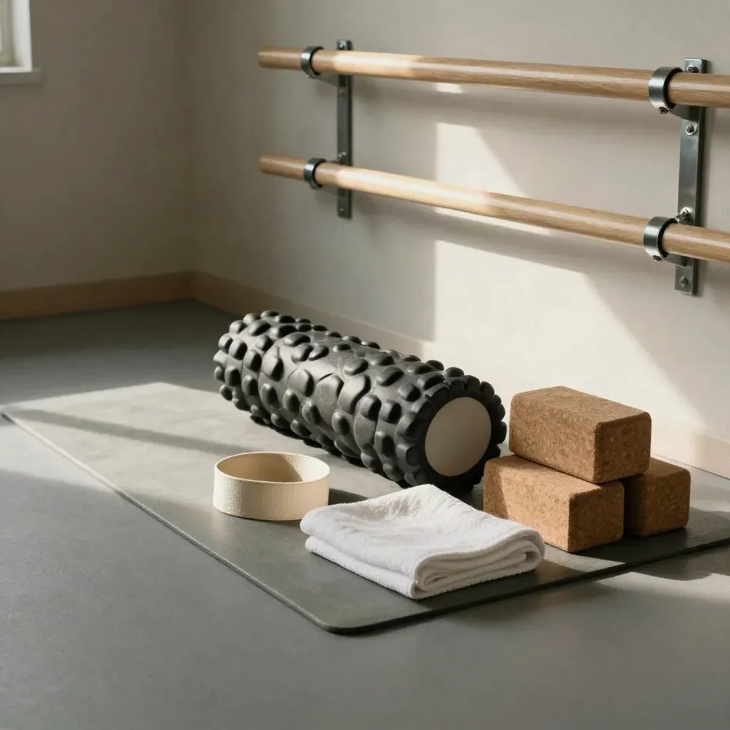Angolo mobilità con foam roller, blocchi in sughero, asciugamano e spalliere in luce calda.