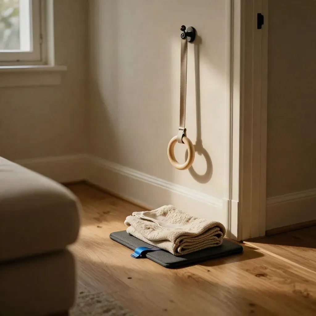 Anelli in legno appesi in un piccolo salotto con tappetino e coperta, luce serale