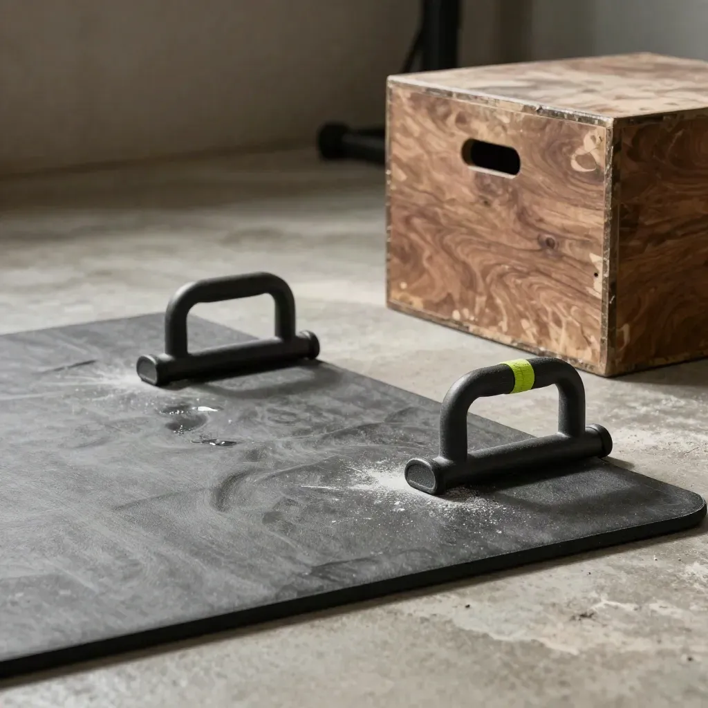 Tappetino nero, maniglie push-up e box basso su cemento con luce calda e polvere di gesso.