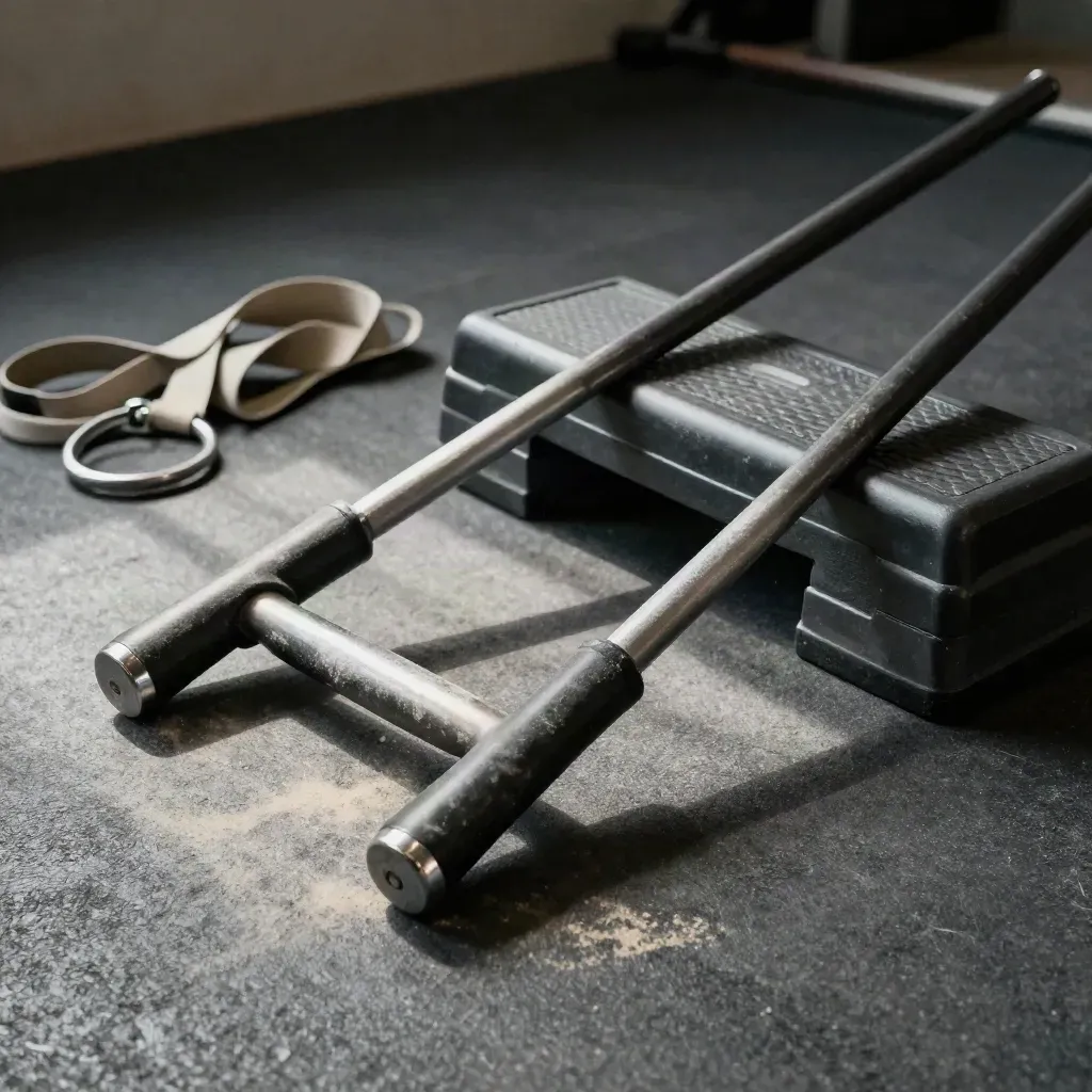 Parallele per dip, step box e cinghie per anelli su pavimento in gomma con polvere sospesa.