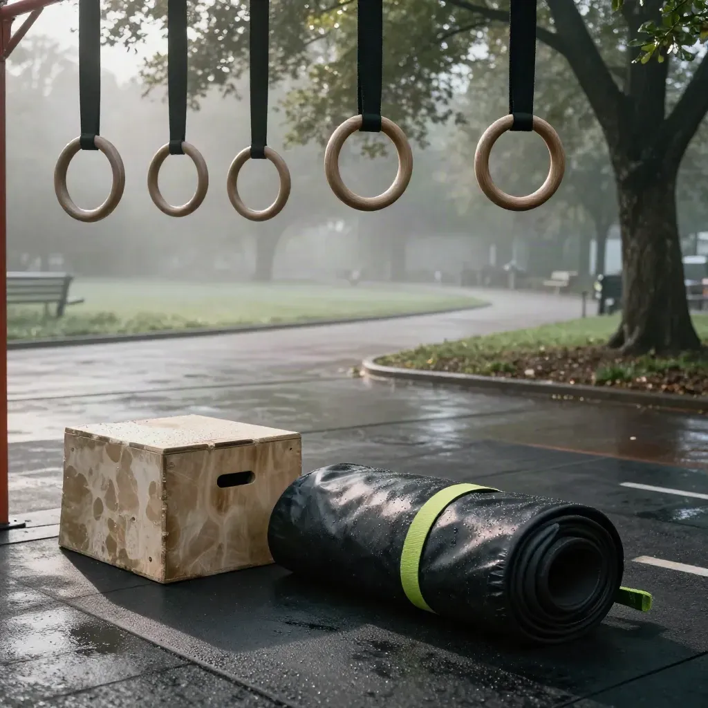 Anelli da ginnastica, box e tappetino bagnati in un’area outdoor dopo la pioggia.
