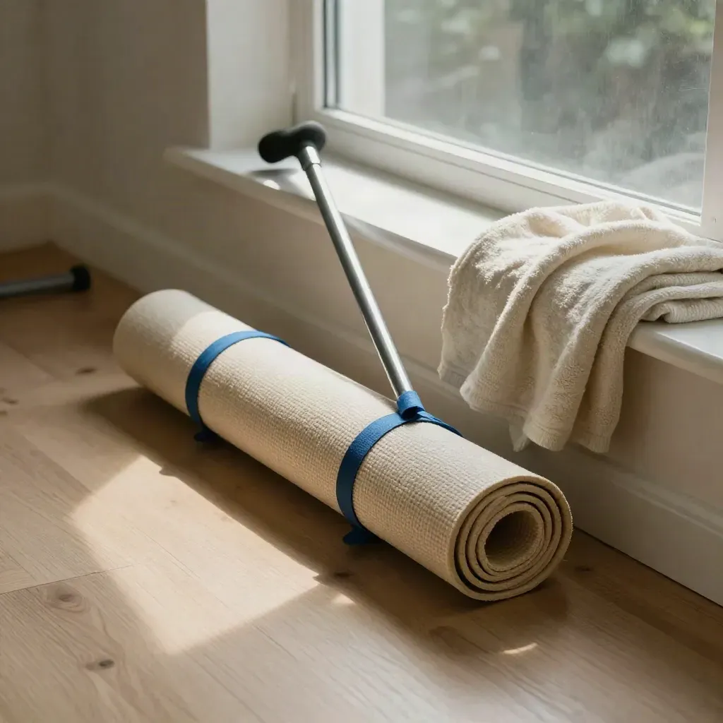 Tappetino arrotolato, bastone per mobilità e coperta piegata su una mensola, luce mattutina.