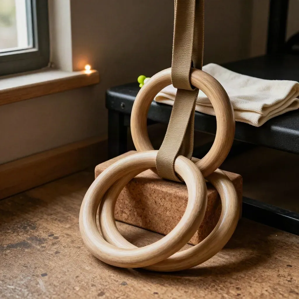 Anelli in legno, cinghie tan e blocco di sughero su una panca scura, luce calda laterale.