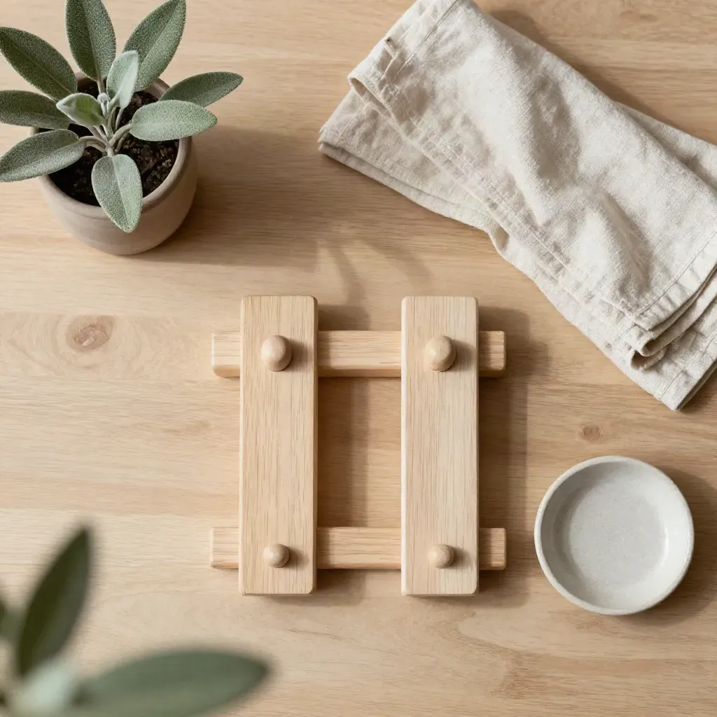 Parallettes in legno con lino, pianta e piattino su tavolo in rovere chiaro.