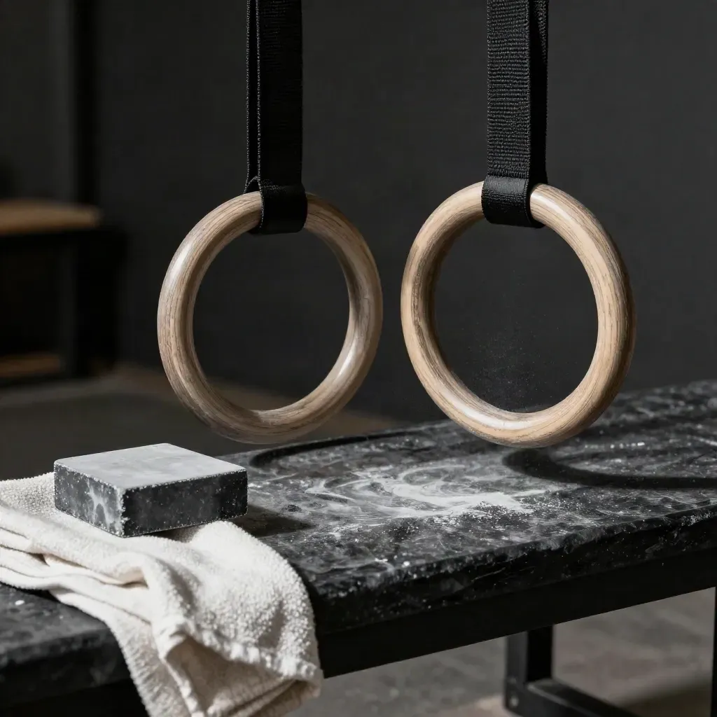 Anelli in legno, cinghie e gesso su panca scura, luce calda laterale.